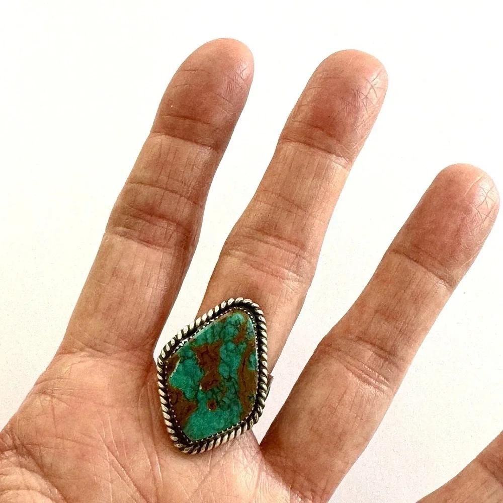 Navajo‎ Turquoise Ring Sz 9 Flat Cab Sterling Signed Selina Warner Native Amer